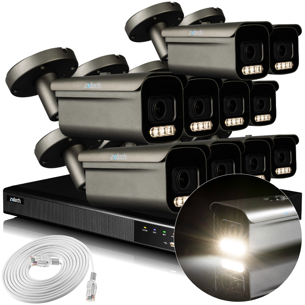 Zxtech 4K CCTV System - 10 x IP PoE Cameras Motorised Lens Face Detection Outdoor Sony Starvis Enhanced Night Vision | RX10H16X