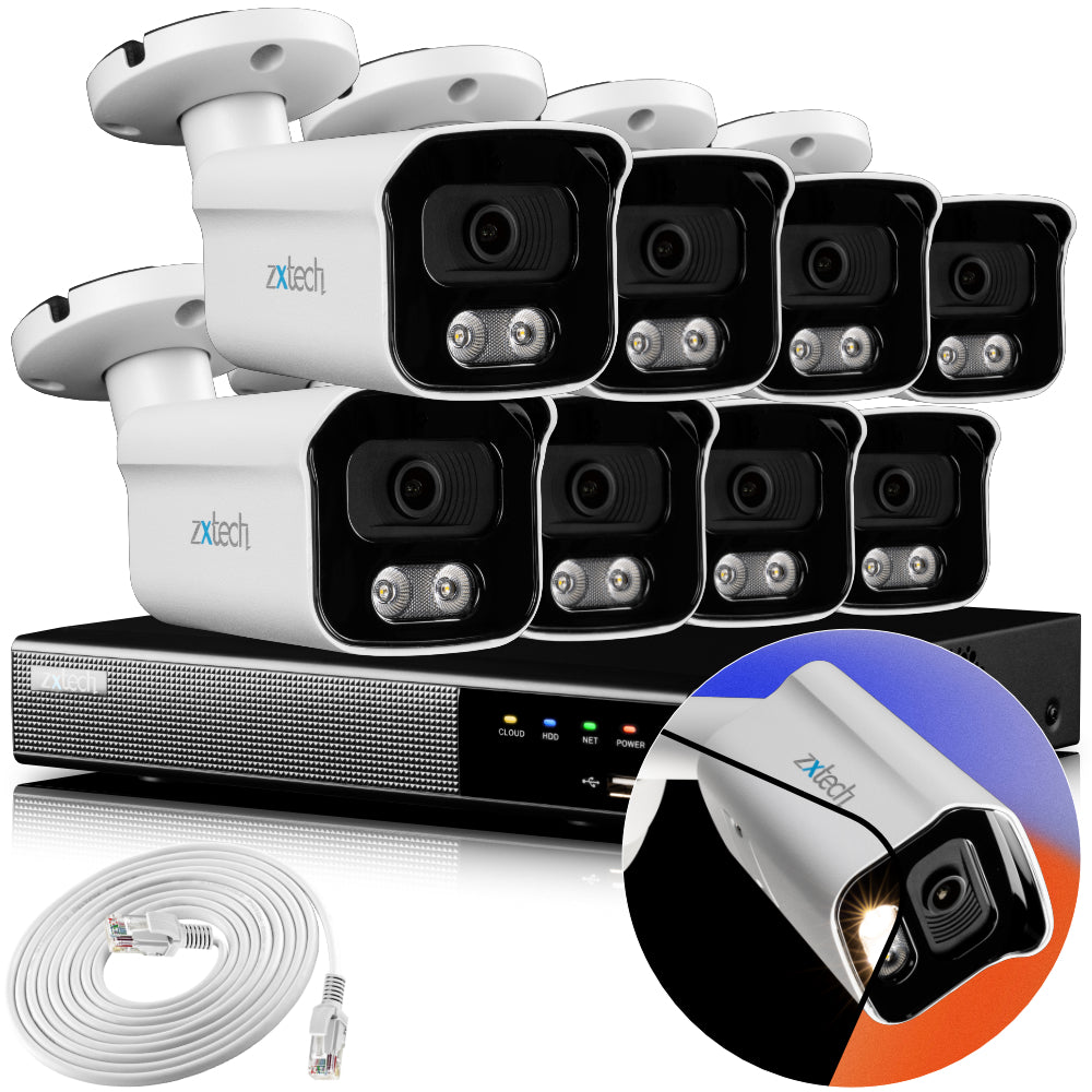 Zxtech 4K CCTV System - 8 x IP PoE Cameras Audio Recording Face Detection Outdoor Sony Starvis | RX8B9Y