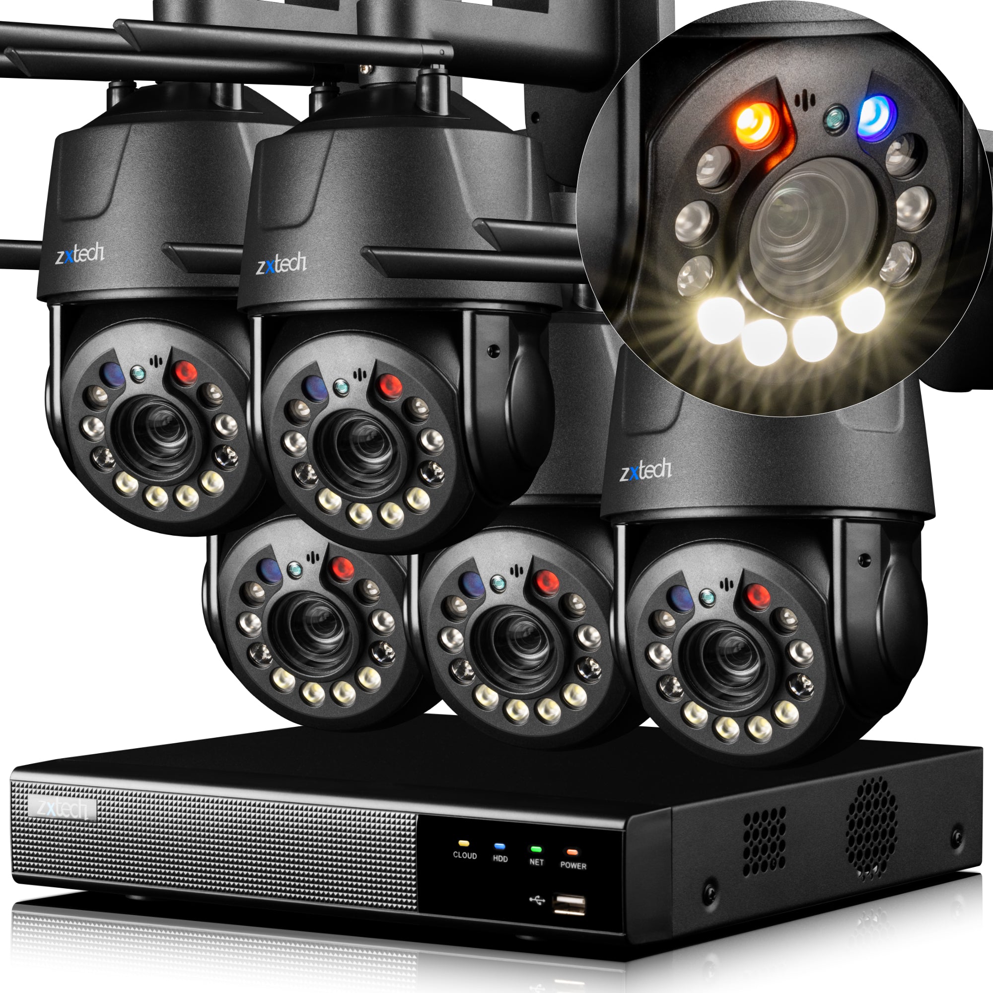 Zxtech 4K Wireless PTZ CCTV System - 5 x WiFi Security Camera 5X/10X/20X Auto Zoom Colour Night Vision Outdoor 2-Way-Audio 9CH Sony Starvis