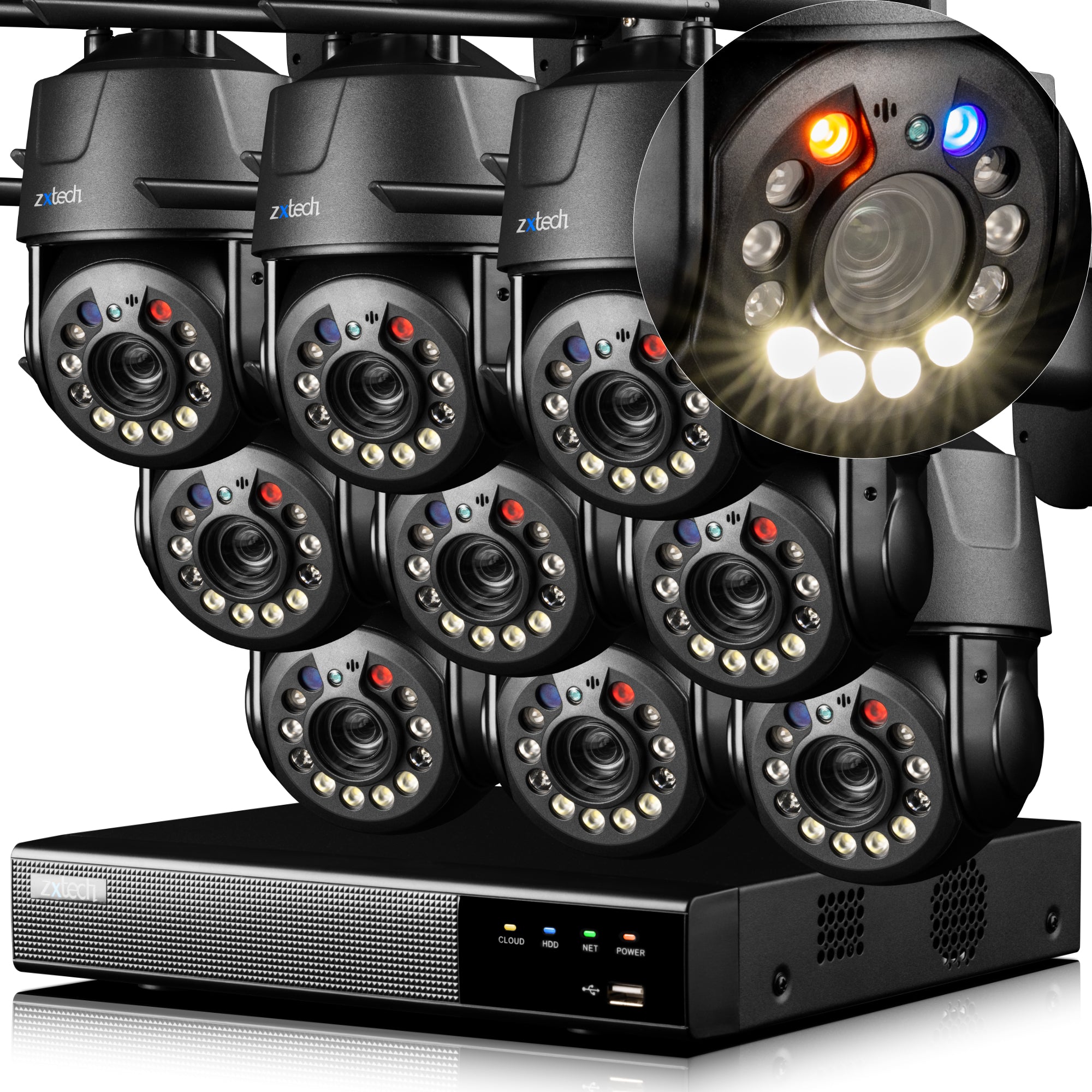 Zxtech 4K Wireless PTZ CCTV System - 9 x WiFi Security Camera 5X/10X/20X Auto Zoom Colour Night Vision Outdoor 2-Way-Audio 9CH Sony Starvis