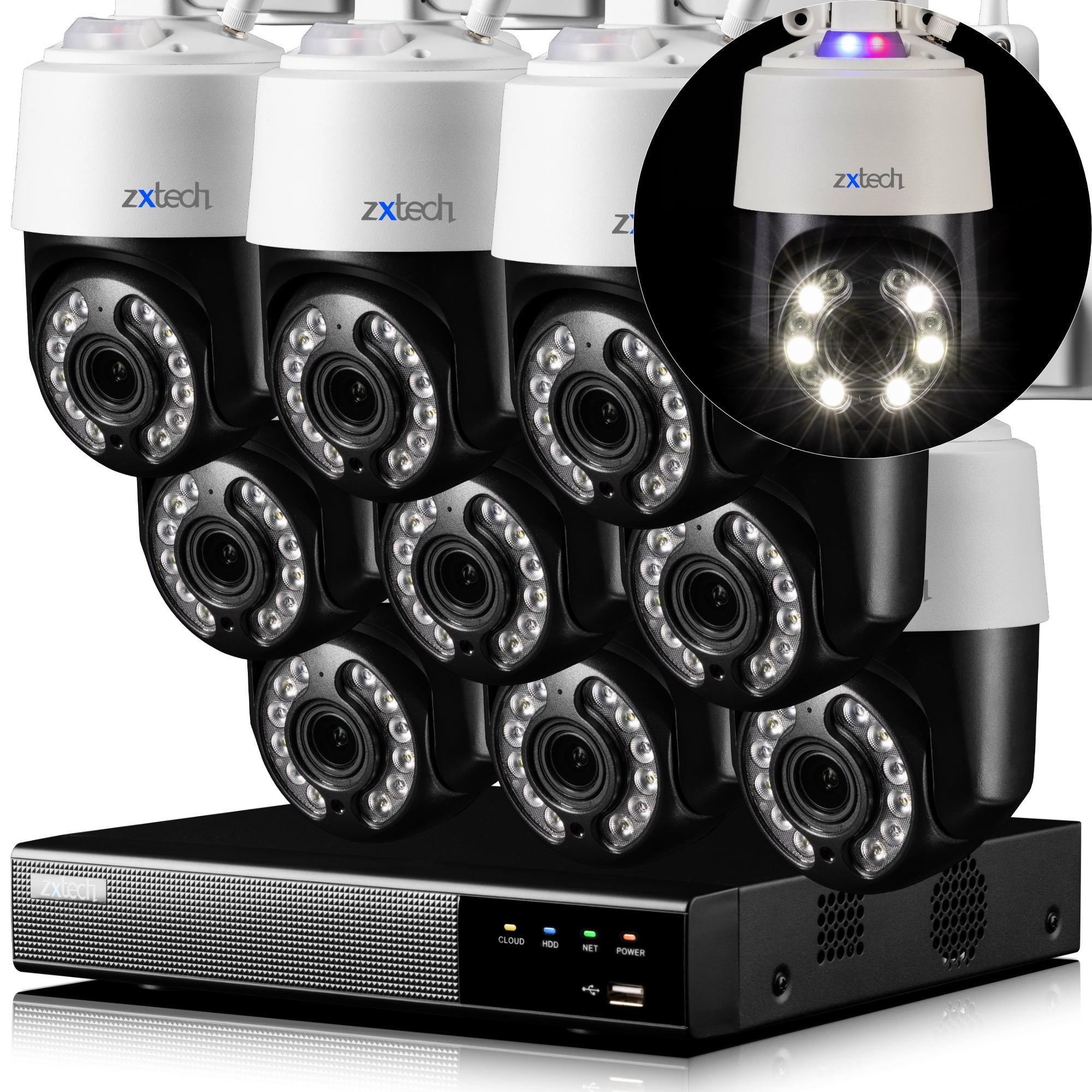 Zxtech 4K Wireless PTZ CCTV System - 9 x WiFi Security Camera 5X/10X Auto Zoom Colour Night Vision Outdoor 2-Way-Audio 9CH Sony Starvis