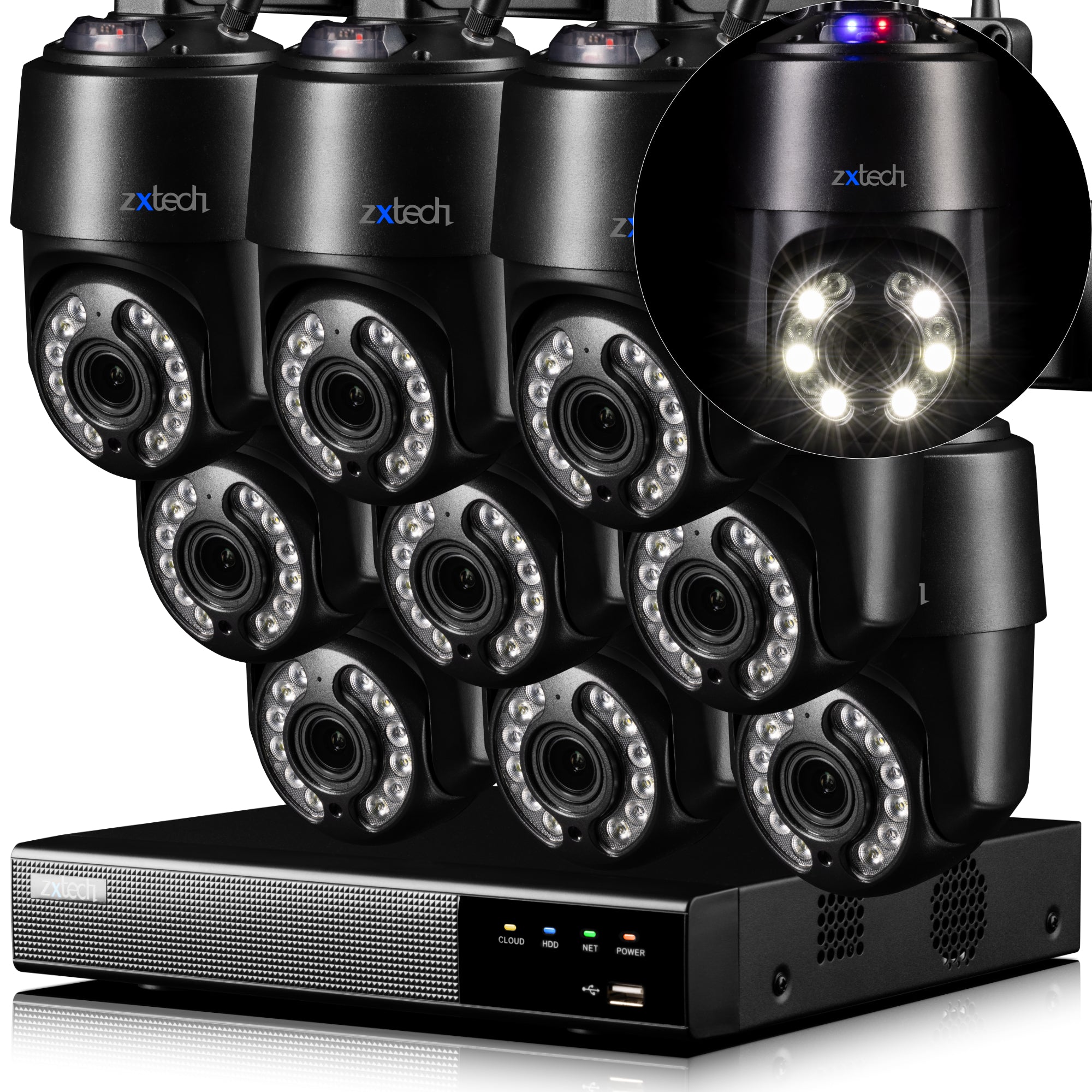 Zxtech 4K Wireless PTZ CCTV System - 9 x WiFi Security Camera 5X/10X/20X Auto Zoom Colour Night Vision Outdoor 2-Way-Audio 9CH Sony Starvis