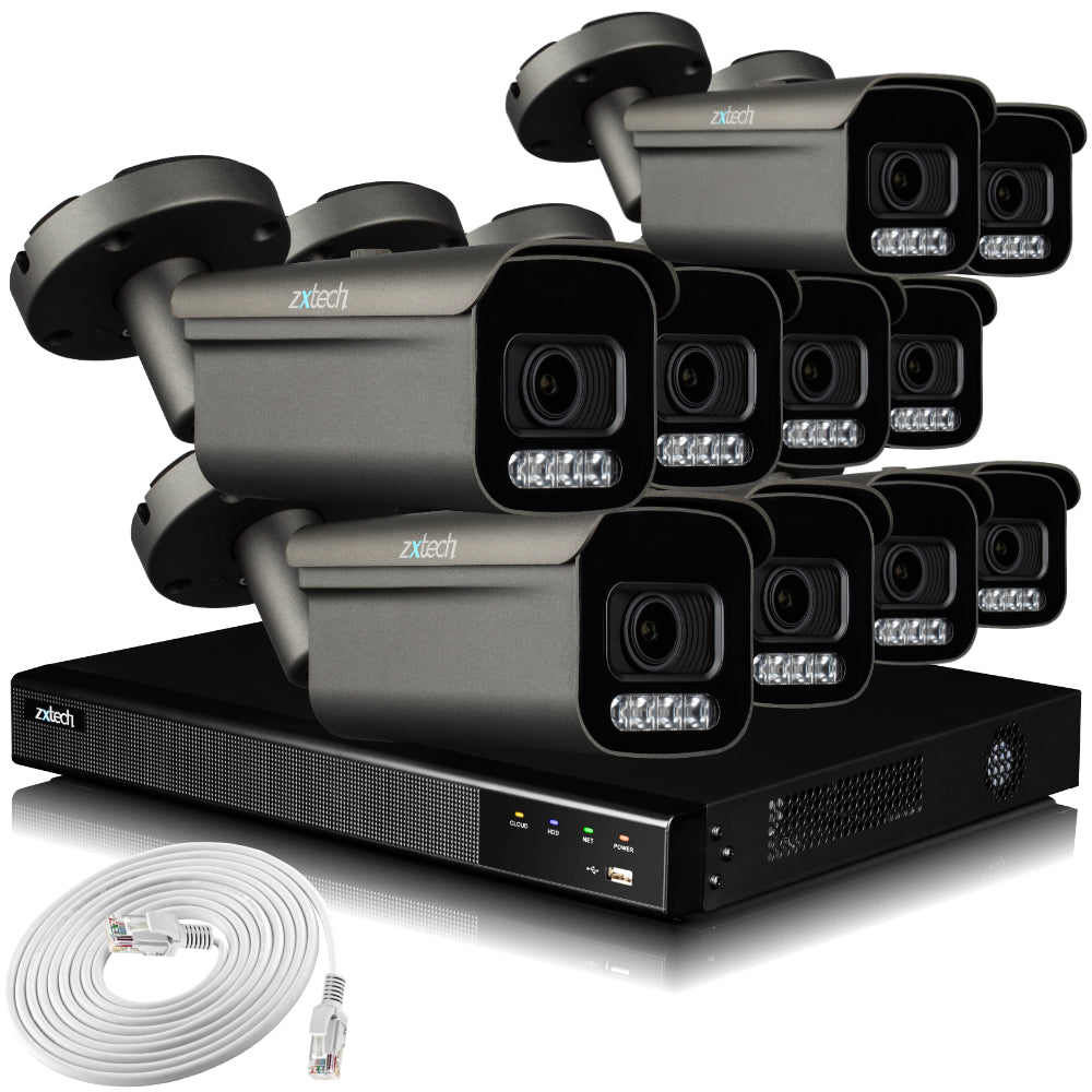 Zxtech 4K CCTV System - 10 x IP PoE Cameras Motorised Lens Face Detection Outdoor Sony Starvis Enhanced Night Vision | RX10H16X
