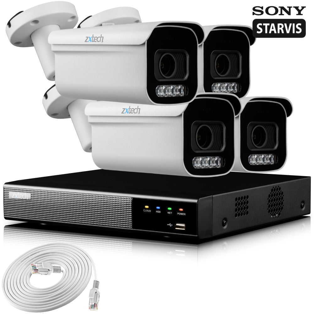 Zxtech 4K CCTV System - 4 x IP PoE Cameras Motorised Lens Face Detection Outdoor Sony Starvis Enhanced Night Vision | RX4D4Z