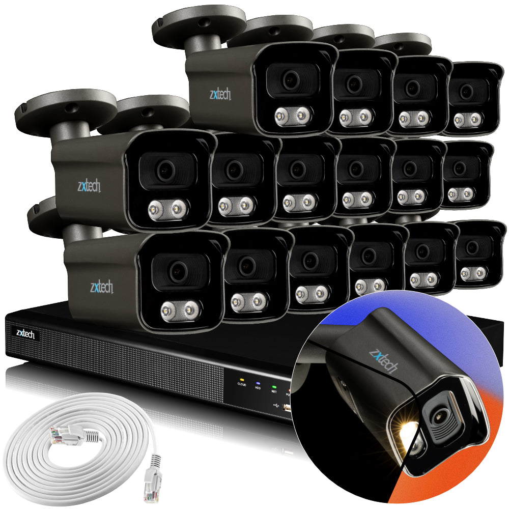 Zxtech 4K CCTV System - 16 x IP PoE Cameras Audio Recording Face Detection Outdoor Sony Starvis  | RX16F16X