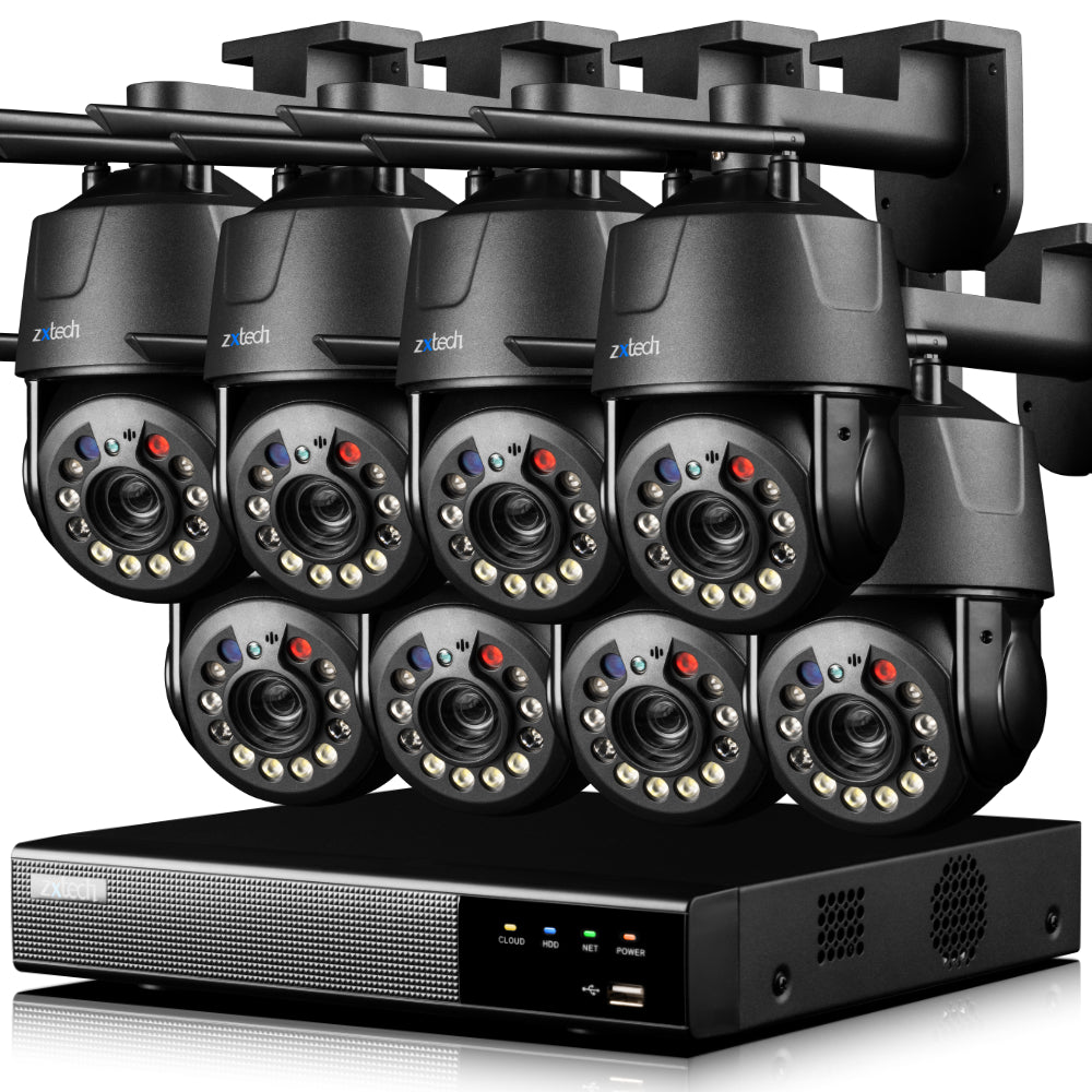 Zxtech 5MP/4K Wireless PTZ CCTV System  - 8 x WiFi Security Camera 5X/10X/20X Auto Zoom Colour Night Vision Outdoor 2-Way-Audio 9CH Sony Starvis