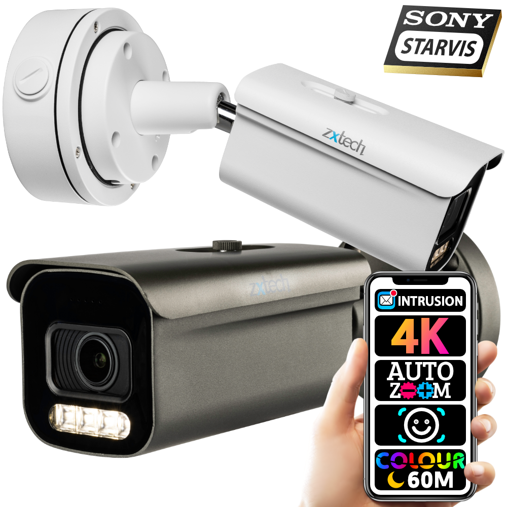 Zxtech Full Colour Night Vision 4K 8MP Bullet Auto Zoom PoE IP CCTV AI Camera | Face Recognition 60M LED Sony Starvis