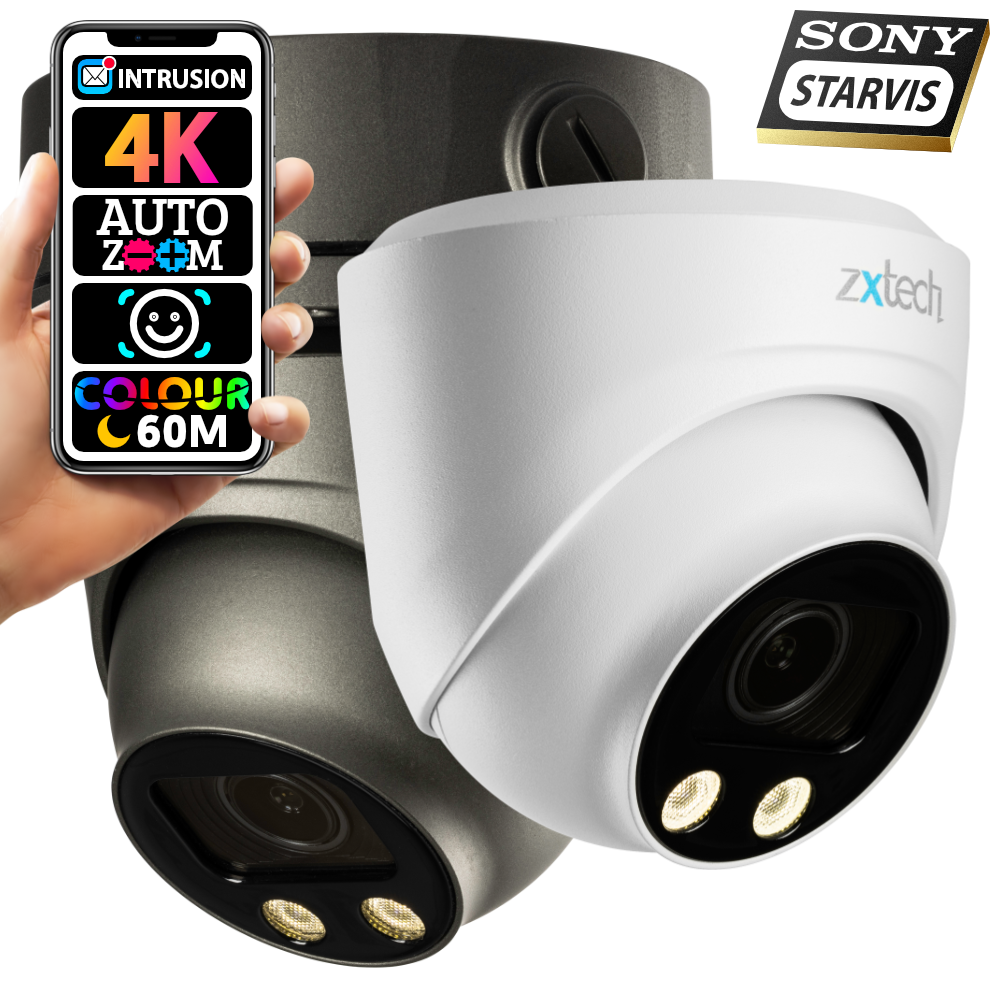 Zxtech Full Colour Night Vision 4K 8MP Dome Auto Zoom PoE IP CCTV AI Camera | Face Recognition 60M LED Sony Starvis