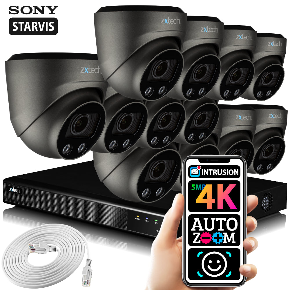 Zxtech 12 x 5MP 8MP Auto Zoom PoE CCTV Camera Face Recognition Home CCTV Kit RX12G16X
