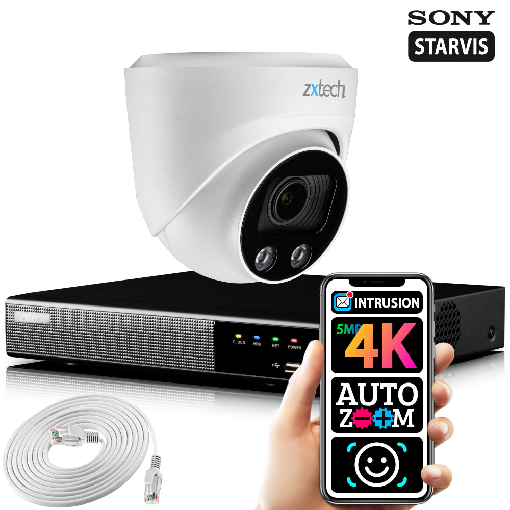 Zxtech 1x 5MP 8MP UHD 60M IR Auto Zoom PoE Face Recognition Home CCTV System RX1C4Z