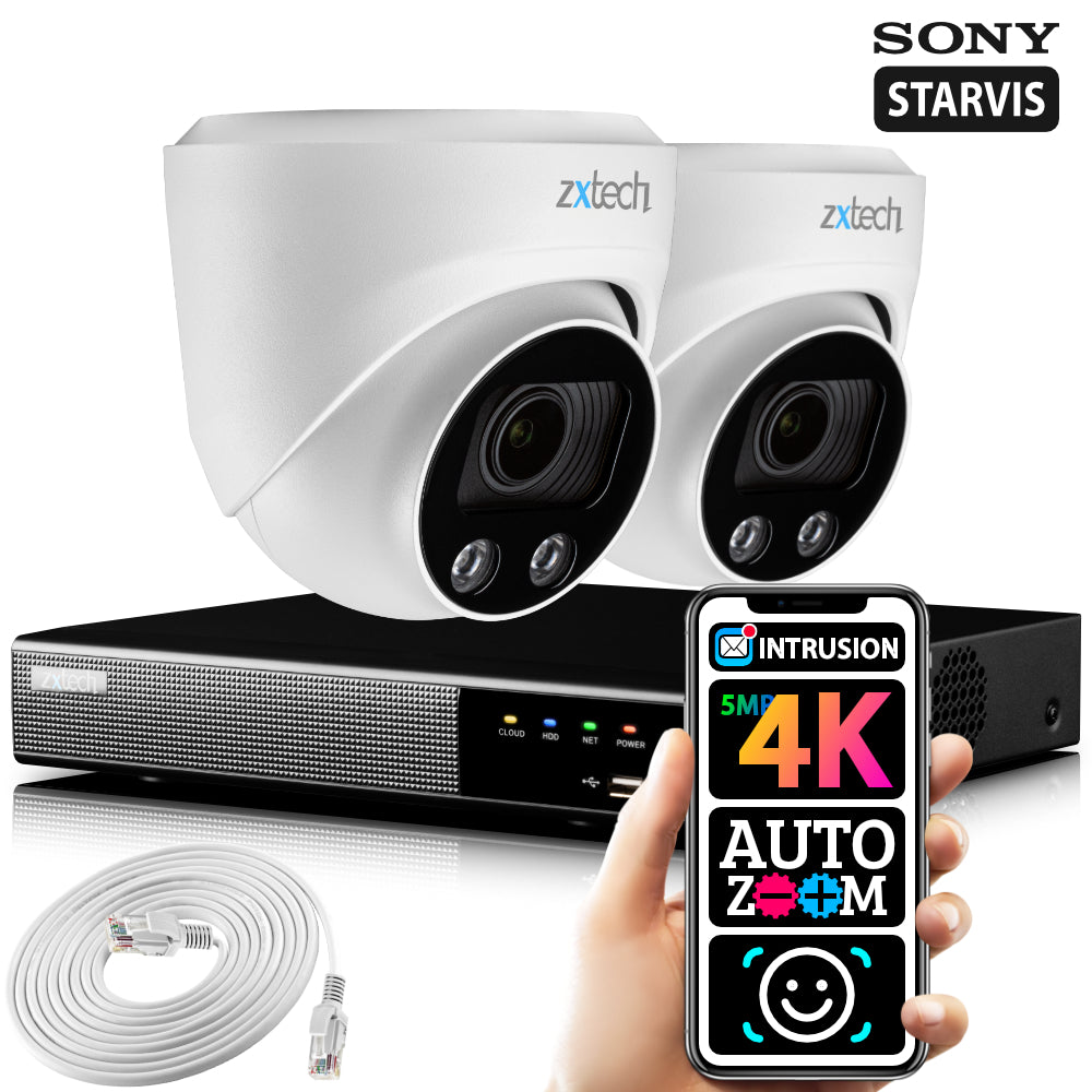 Zxtech 2x 5MP 4K 8MP Zoom PoE Security Camera Outdoor NVR Face Recognition Kit RX2C4Z