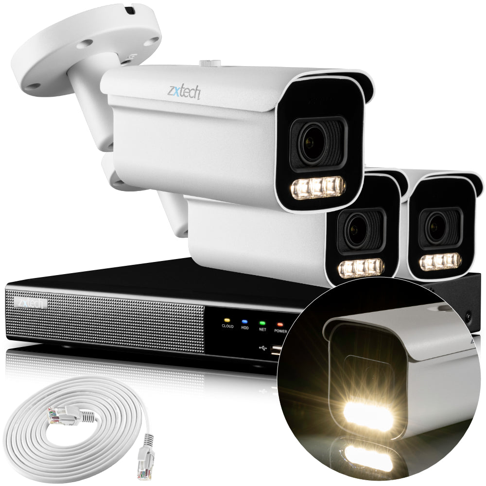 Zxtech 4K CCTV System - 3 x IP PoE Cameras Motorised Lens Face Detection Outdoor Sony Starvis Enhanced Night Vision  | RX3D4Z