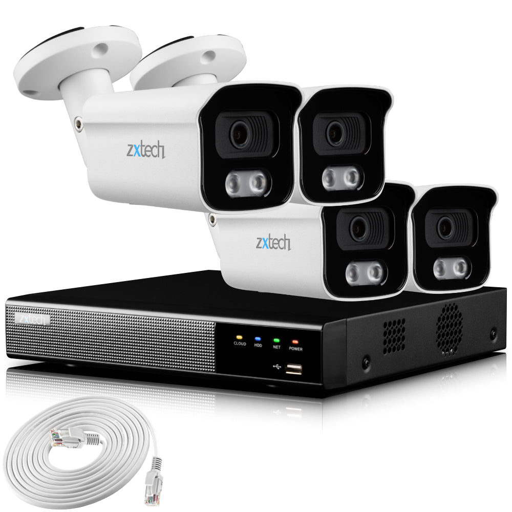 Zxtech 4K CCTV System - 4 x IP PoE Cameras Audio Recording Face Detection Outdoor Sony Starvis  | RX4B4Z