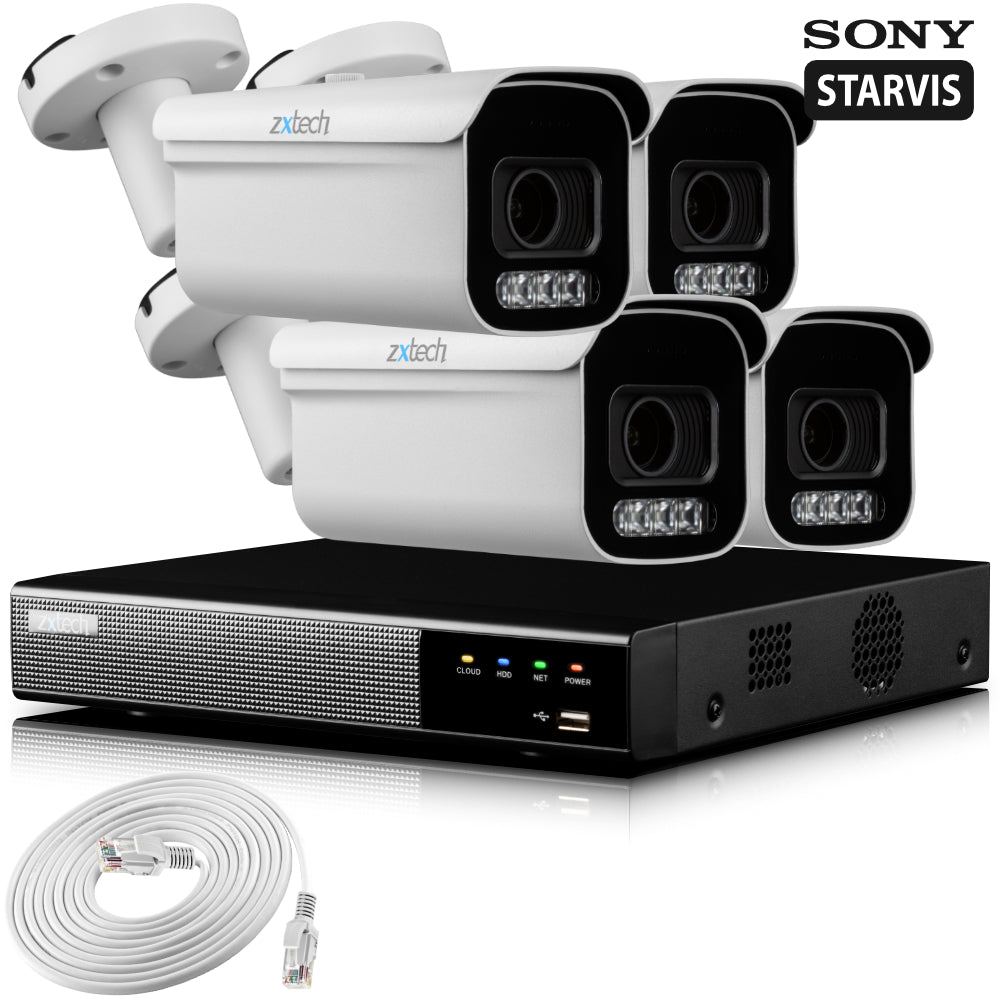 Zxtech 4K CCTV System - 4 x IP PoE Cameras Motorised Lens Face Detection Outdoor Sony Starvis Enhanced Night Vision  | RX4D4Z