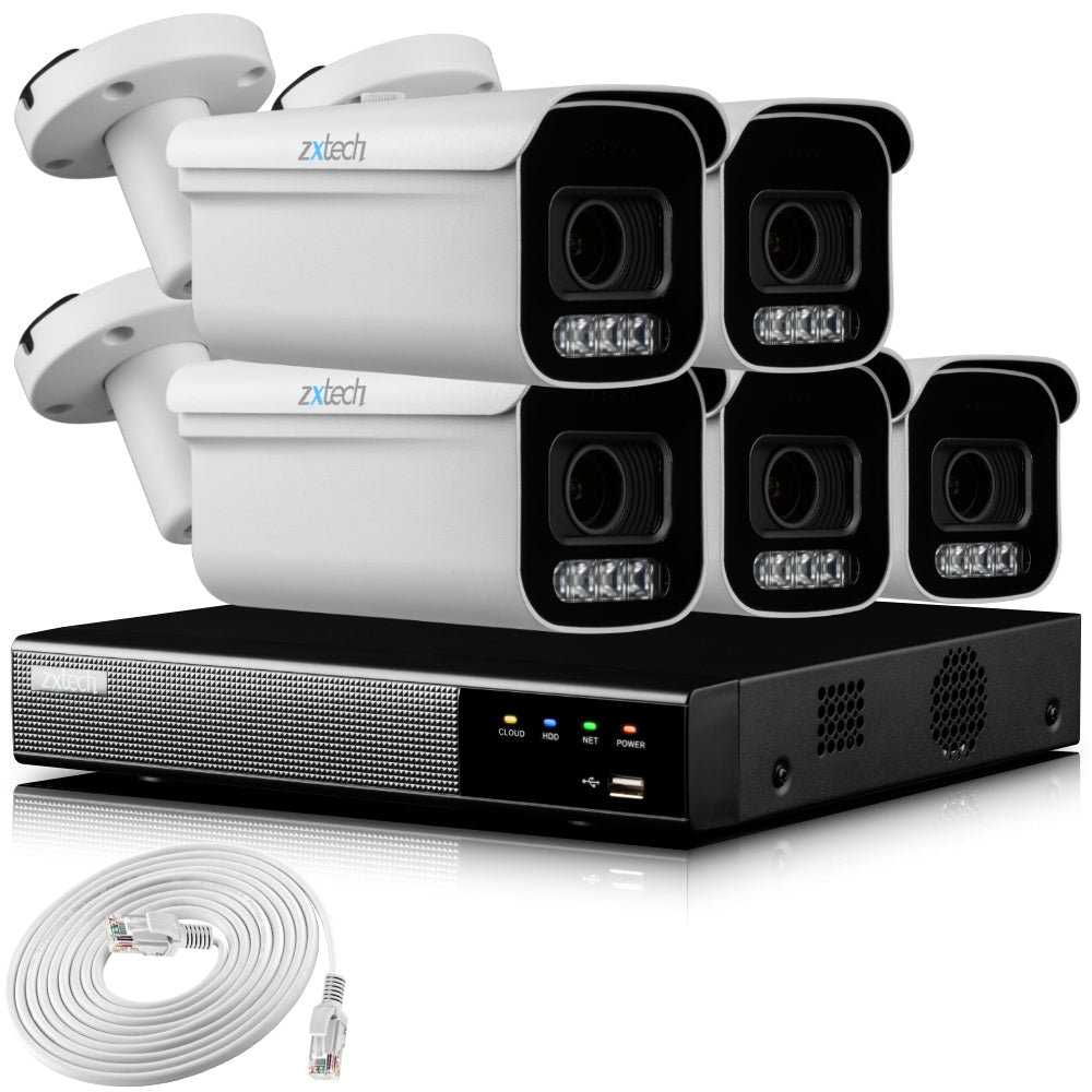 Zxtech 4K CCTV System - 5 x IP PoE Cameras Motorised Lens Face Detection Outdoor Sony Starvis Enhanced Night Vision  | RX5D9Y